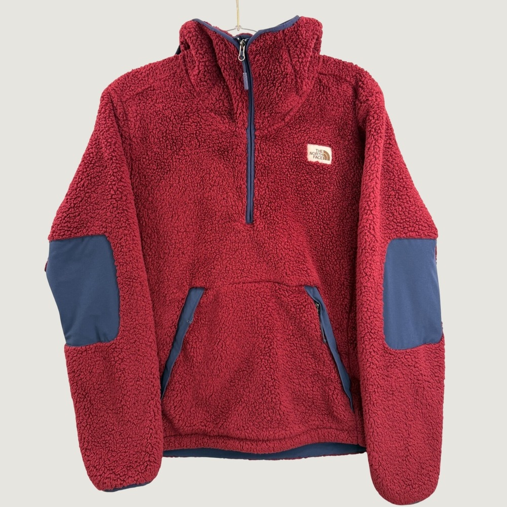 The North Face Mens Sherpa Fleece Quarter Zip Pullover Red Navy Blue Small